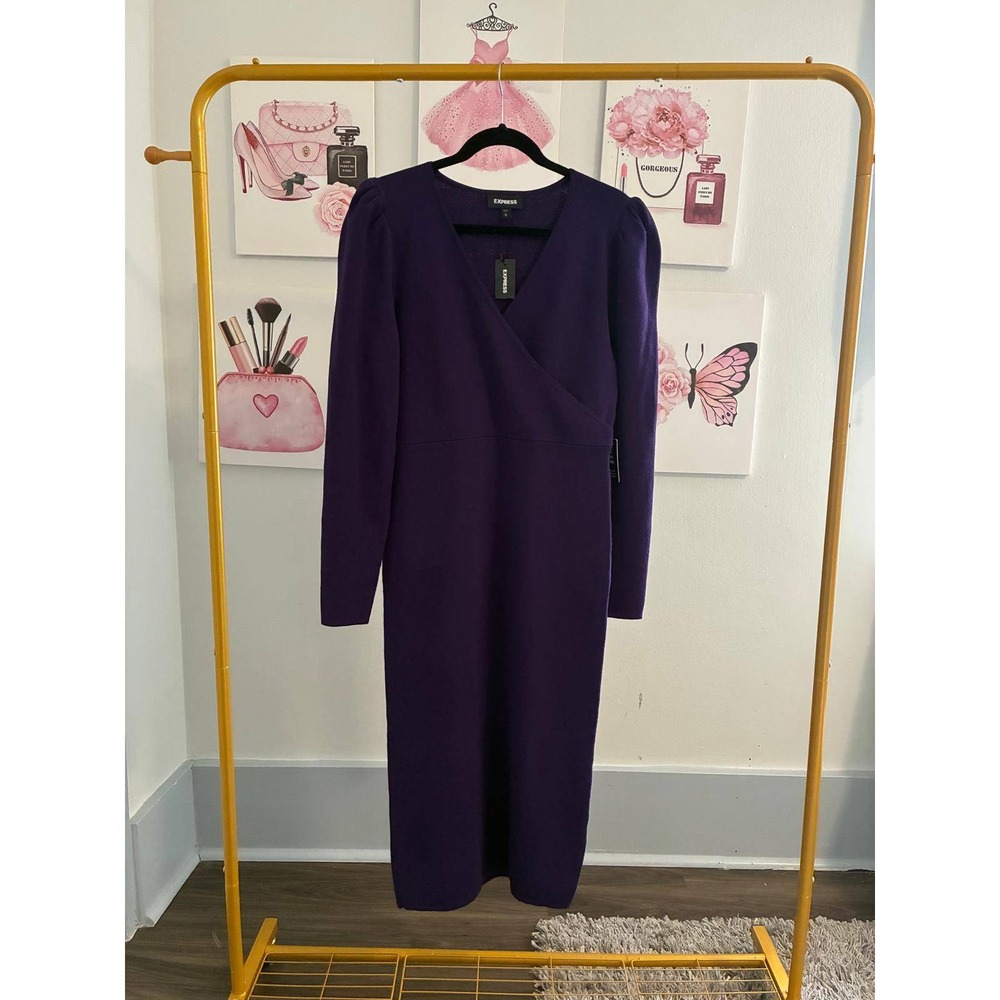 Express Purple Wrap V-Neck Puff Shoulder Midi Sweater Dress Medium NWT 07805341